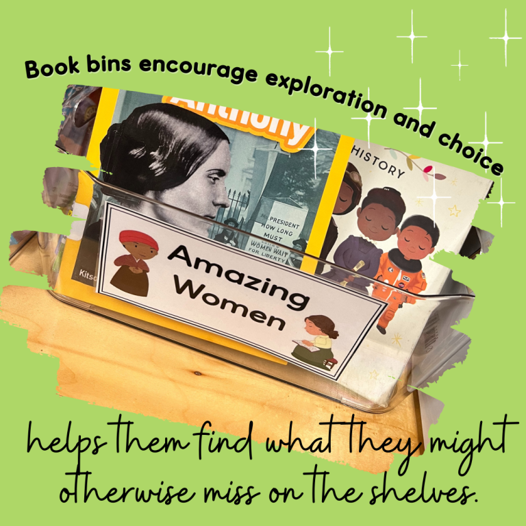 Amazing Women book browsing bin helps students find biographies they may have missed on the crowded shelf